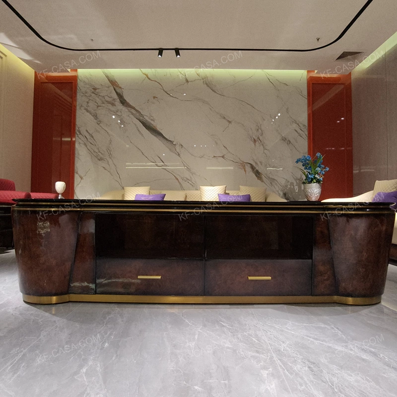 Luxury TV Stand with Curved End Panels, Natural Wood Veneer Finish and Stainless Steel Accent Details